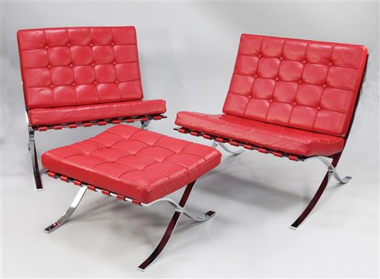 After Ludwig Mies van der Rohe. A pair of red leather and chrome Barcelona chairs and matching foot stool,